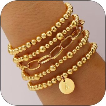 Gold Beaded Bracelets for Women, 18K Gold Plated Initial A-Z Stretch Bead Ball Stackable Bracelet with Letter Jewelry Set Gifts