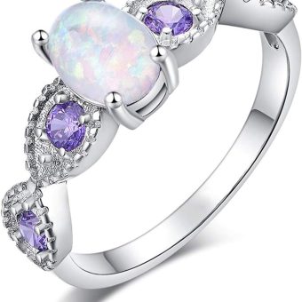 CiNily 18K Gold Plated Opal Ring-White Fire Opal & Amethyst & Cubic Zirconia Women Jewelry Gemstone Engagement Anniversary Ring Size 5-13