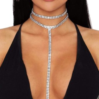 Sexy Rhinestone Body Chain with Multi-layered Long Choker Necklaces Rhinestone Jewelry Necklace Chains Crystal Body Chain for Women Party Body Jewelry