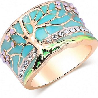 Lucky Flower Tree Rings Gold Pink Opal Green Enamel Wide Ring for Woman Party Crystal Vintage Jewelry