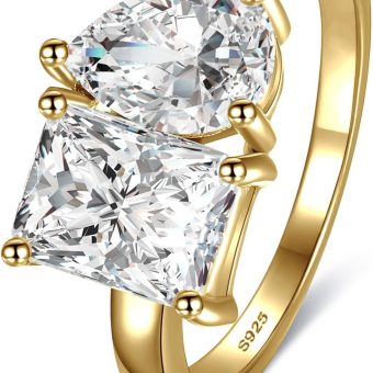 Toi Et Moi Ring 925 Sterling Silver Women Engagement Ring White/14K Gold Plated 1.5ct 6x8mm Double Stone Ring Emerald & Pear Cut Wedding Eternity Ring Cubic Zirconia Width Band 2mm Size 5-9