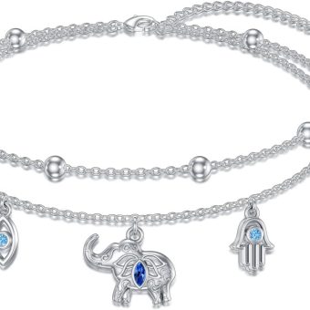 YAFEINI Elephant Anklet 925 Sterling Silver Elephant Anklet Hamsa Hand Evil Eye Elephant Jewelry for Women