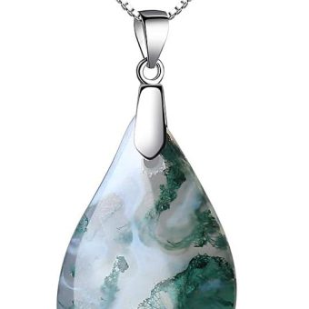 COAI 925 Sterling Silver Moss Agate Leaf Pendant Necklace