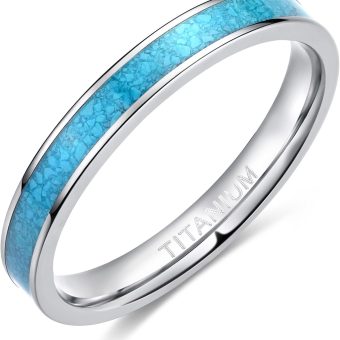 TIGRADE 3MM Titanium Ring Blue Turquoise Engagement Wedding Band for Woman Size 3-13