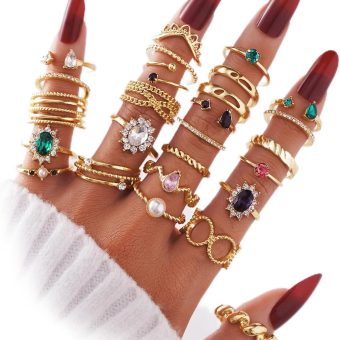 19-36 Pcs Gold Boho Knuckle Rings Set for Women, Vintage Stackable Dainty Joint Finger Gold Jewelry Set with Love Pearl and Sparkling Crystals