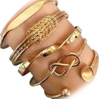 17IF Gold Silver Bangle Bracelet For Women 14k Plated Multi Layer Cuff Bracelets Set Trendy Boho Textured Indian Punk Chunky Cable Smooth Bangles Elegance Stack Minimalist Jewelry Gift