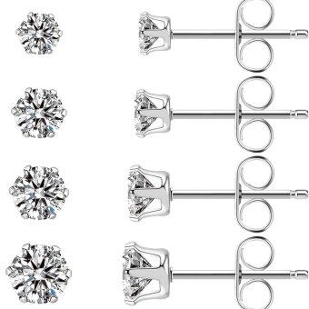 Stainless Steel Stud Earrings Set Hypoallergenic Cubic Zirconia 14K White Gold CZ Earrings for Women