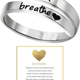 Just Breathe Ring for Women, Stainless Steel Spiral Wrap Healing Rings, Adjustable Heart Ring, Inspirational & Heart felt Gift