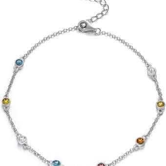 AOBOCO Sterling Silver Rainbow Planet Galaxy Anklet, Multicolor Crystals from Austria, Ankle Bracelet Foot Bracelet for Women Anniversary Birthday Sister Wife Jewelry Gifts