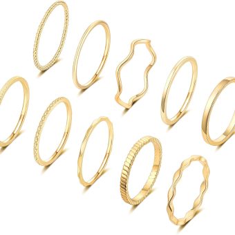 WFYOU 10 Pcs 1-2mm 18K Gold Plated Simple Rings for Women Band Knuckle Stacking Midi Rings Elegant Classic Minimalist Rings Comfort Fit