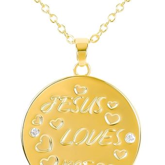 Gold Inspiration Words Pendant Necklace for Women “JESUS LOVES ME” 14K Gold Plated Coin Necklace with Cute Heart Pattern Cubic Zirconia Round Charm Necklace Party Trendy Inspirational Jewelry Gift for Women