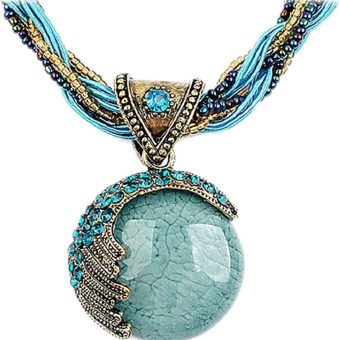 Harlorki Women Lady Handmade Retro Vintage Bohemian Style Twist Woven Rope Chain Turquoise Rhinestone Pendant Collar Necklace Fashion Jewelry