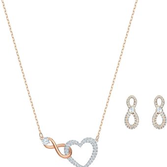 SWAROVSKI Infinity Necklace and Stud Pierced Earrings Set with Clear Crystal Pavé and Mixed Metal Plated Finish in Infinity and Heart Design