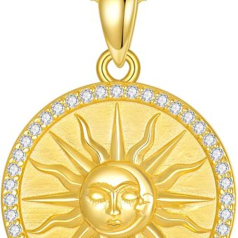 KQF Sun Coin Necklace for Women 925 Sterling Silver Sun and Moon Gold Plated Coin Pendant Golden Celestial Jewelry Gift Birthstone Necklace Jewelry Gift for Her