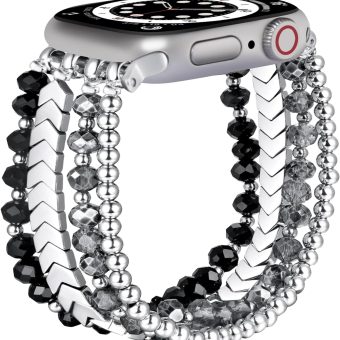 GEMEK Bracelet Band Beaded Compatible with Apple Watch 42/44/45/49mm Women, Fashion Elastic Stretch Strap Bands for iWatch Series SE/9/8/7/6/5/4/3/2/1 (Black/Sliver/Grey)