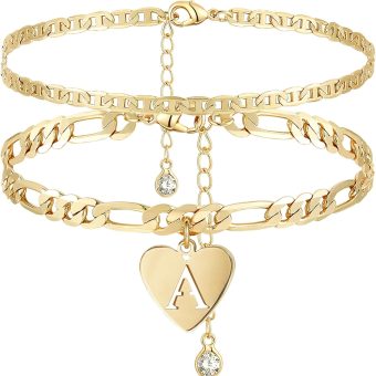 YANODA Initial Ankle Bracelets for Women, Layered Gold Anklets for Women 14k Real Gold Filled Figaro Letter Anklets for women waterproof Summer Jewelry Personalized Gifts for Women