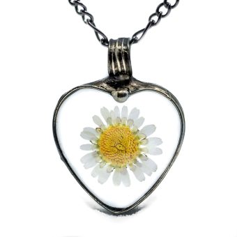 Real Pressed Flower Daisy Heart Necklace for Women, Wildflower Pendant, Truly Handmade Terrarium Jewelry, Glass Jewelry, Artisan Designed and Hand Crafted at Bayou Glass Arts (28, Gunmetal Finish)