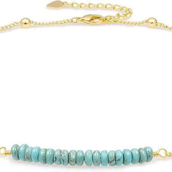 PERNNLA PEARL 18K Gold Satellite Beaded Curb Ball Chain Choker Turquoise Garnet Beads Bar Necklace Handmade Pendant Jewelry Adjustable for Women 16”+ 2”