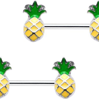 Body Candy Steel Yellow Green Pineapple Barbell Nipple Ring Set of 2 14 Gauge 1/2"