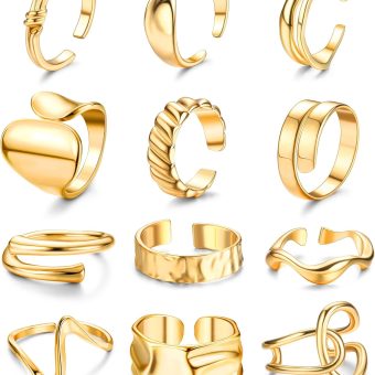 FIBO STEEL 12PCS Gold Chunky Rings for Women, 18K Gold Plated Thick Rings, Stacking Open Rings Set Adjustable