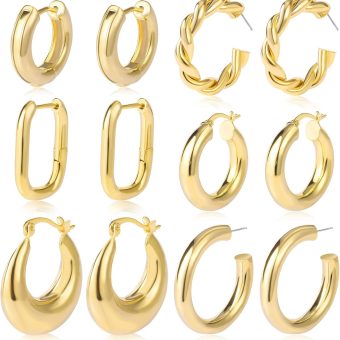 6 Pairs Chunky Gold Hoop Earrings Set for Women 14K Gold Plated Hypoallergenic Thick Open Huggie Hoop Set Jewelry for Gifts