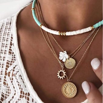 Gangel White Heishi Surfer Choker Layered Necklace Gold Flower Helios Necklace Choker Summer Pendant Jewelry for Women