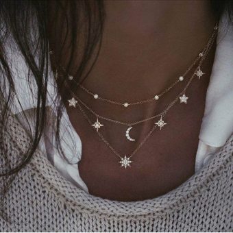 Layered Stars and Moon Choker Necklaces Gold Fashion Crescent Crystal Pendant Necklace Chain Adjustable Jewelry for Women and Girls