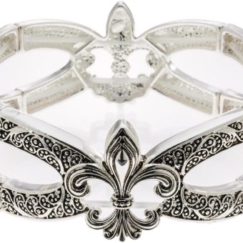 PammyJ Silvertone and Black Detailed Fleur De Lis Stretch Bracelet