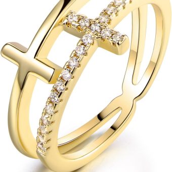 Barzel 18k Gold Plated Cubic Zirconia Double Cross Ring