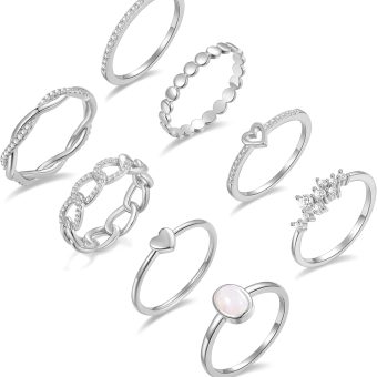 PLOMFOV 14K Gold/Silver Plate Stacking Rings Set for Women CZ Heart Simple Cute Stackable Rings Dainty Trendy Gold Statement Rings Plain Band Size 4-11