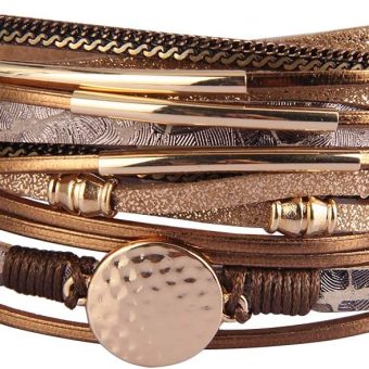 AZORA Leather Wrap Bracelets for Women Goldplated Metal Crescent Cuff Bracelet with Magnetic Buckle Casual Bohemian Wrist Bangle Jewelry Gift for Ladies Sister Mum