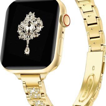 Gold Bling Slim Watch Band Women Compatible with Apple Watch 42mm 44mm 45mm 46mm 49mm Metal Jewelry Sparkly Diamond Thin Replacement Strap for iWatch Series 10/9/8/7/6/5/4/3/2/1/SE/Ultra 1 2