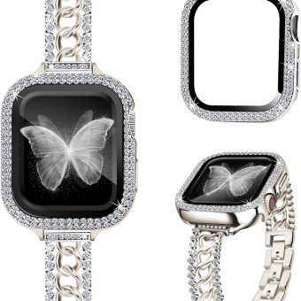 Bling Chain Bracelet Compatible with Series 9 8 7 Apple Watch Band 41mm Women, Slim Strap for iWatch Bands with Diamond Rhinestone Case, Unique Stainless Steel Metal Jewelry Bangle Starlight