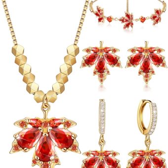 Sasylvia 4 Pcs Fall Maple Leaf Rhinestone Jewelry Set for Women Autumn Maple Leaf Necklace Bracelet 2 Maple Leaf Stud Earrings for Fall Party Accessories Gifts