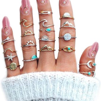 FUTIMELY Boho Retro Stackable Rings Sets for Teens Girls Women Rhinestone Knuckle Joint Finger Kunckle Nail Ring Sets (A：19PC)