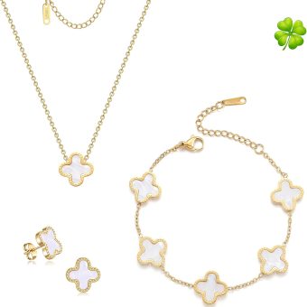 Lucky Clover Sets,18K Gold Plated Four Leaf Bracelet,Clover Necklace Pendant,Clover Earrings for Women Flower Link Bracelets Set Jewelry Gifts for Women