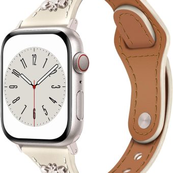 Slim Leather Bands with Charms Women Compatible with Apple Watch Band 38mm 40mm 41mm 42mm (S10) Top Genuine Leather Strap Thin Wristband for iWatch Series 10/9/8/7/6/5/4/3/2/1/SE/Ultra