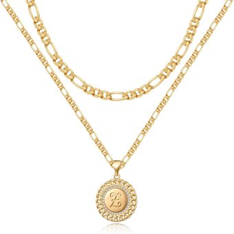 Layered Initial Gold Necklaces for Women, 14K Gold Plated Figaro Chain Initial Necklace for Women Gold Pendent Necklaces Trendy Gold Jewelry for Women