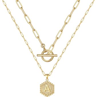 M MOOHAM Gold Initial Necklaces for Women, 14K Real Gold Plated Layered Initial Necklace Hexagon Pendant Toggle Clasp Layering Gold Chain Necklaces for Women Gold Layered Choker Necklaces for Women