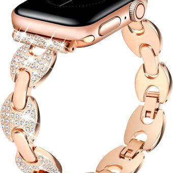 JR.DM Bling Bands Compatible with Apple Watch 41mm 40mm 38mm 45mm 44mm 42mm 46mm 49mm Women Dressy Jewelry Diamond Chain Bracelet Metal Strap for iWatch Series SE/10/9/8/7/6/5/4/3/2/1/Ultra, Rose Gold