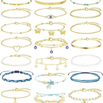 FANDY 21 Pcs Gold Ankle Bracelet for Women Gold Cuban Link Chain Anklet Cute Evil Eye Anklet Gift Set for Teen Girls