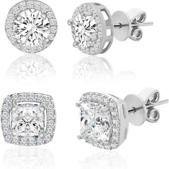 Lesa Michele 925 Sterling Silver Cushion & Round Shaped Cubic Zirconia Halo Stud Earrings for Women 2 Pair Earring Set