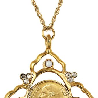 American Coin Treasures Pendant Necklace with French Marianne 5 Centimes Coin | Victorian Style Goldtone Pendant | 21 Inch Rope Chain with Lobster Claw Clasp | Certificate of Authenticity