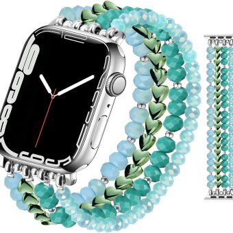 JR.DM Beaded Bracelet Women Compatible with Apple Watch 38mm 40mm 41mm 42mm 44mm 45mm 46mm, Stretch Handmade Fashion Strap Wristband Replacement for iWatch Series 10/9/8/7/6/5/4/3/2/1/SE, Green