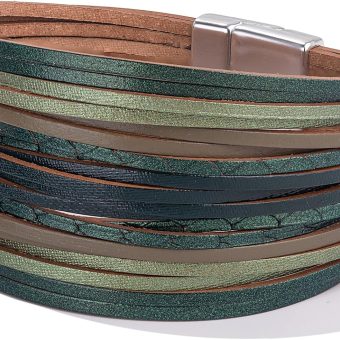 FANCY SHINY Boho Leather Wrap Bracelet Stackable Layered Bangle Cuff with Magnetic Clasp