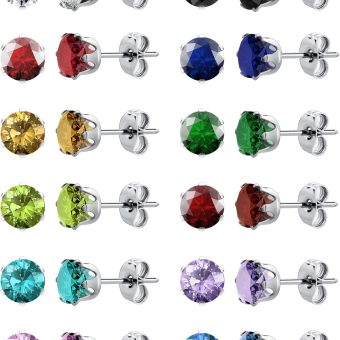 12 Pairs Silver Earrings Surgical Steel Earrings Women's EarringsHypoallergenic Earrings Set Men's Earrings 12 Colors CubicZirconia Studs Earrings