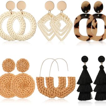 Hicarer 6 Pair Rattan Earrings Straw Earrings for Women Tassel Woven Bohemian Earring Wicker Braid Hoop Drop Beach Earrings for Girls