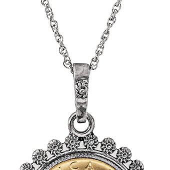 American Coin Treasures Miss Italy Italian 20 Lira Coin Pendant Necklace - Italian 20 Lira Silvertone Pendant with Blossom Bezel| Italian Medallion Pendant | 24 Inch Rope Chain