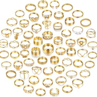 FAXHION 60 Pcs Gold Stackable Rings for Women, Knuckle Rings Chunky Gold Ring Set Dainty Stacking Cute Rings, Multiple Sizes Cute Jewelry Set Gift