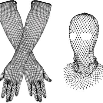 Lusofie Halloween Rhinestone Face Mask with Rhinestone Gloves Sparkly Fishnets Long Gloves Rhinestone Glitter Breathable Headwear for Party Wedding Halloween Costume Body Chain